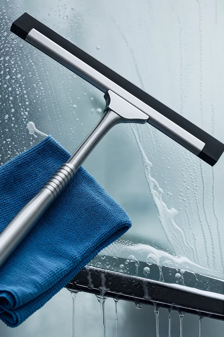 A squeegee blade and a microfiber cloth resting on wet glass