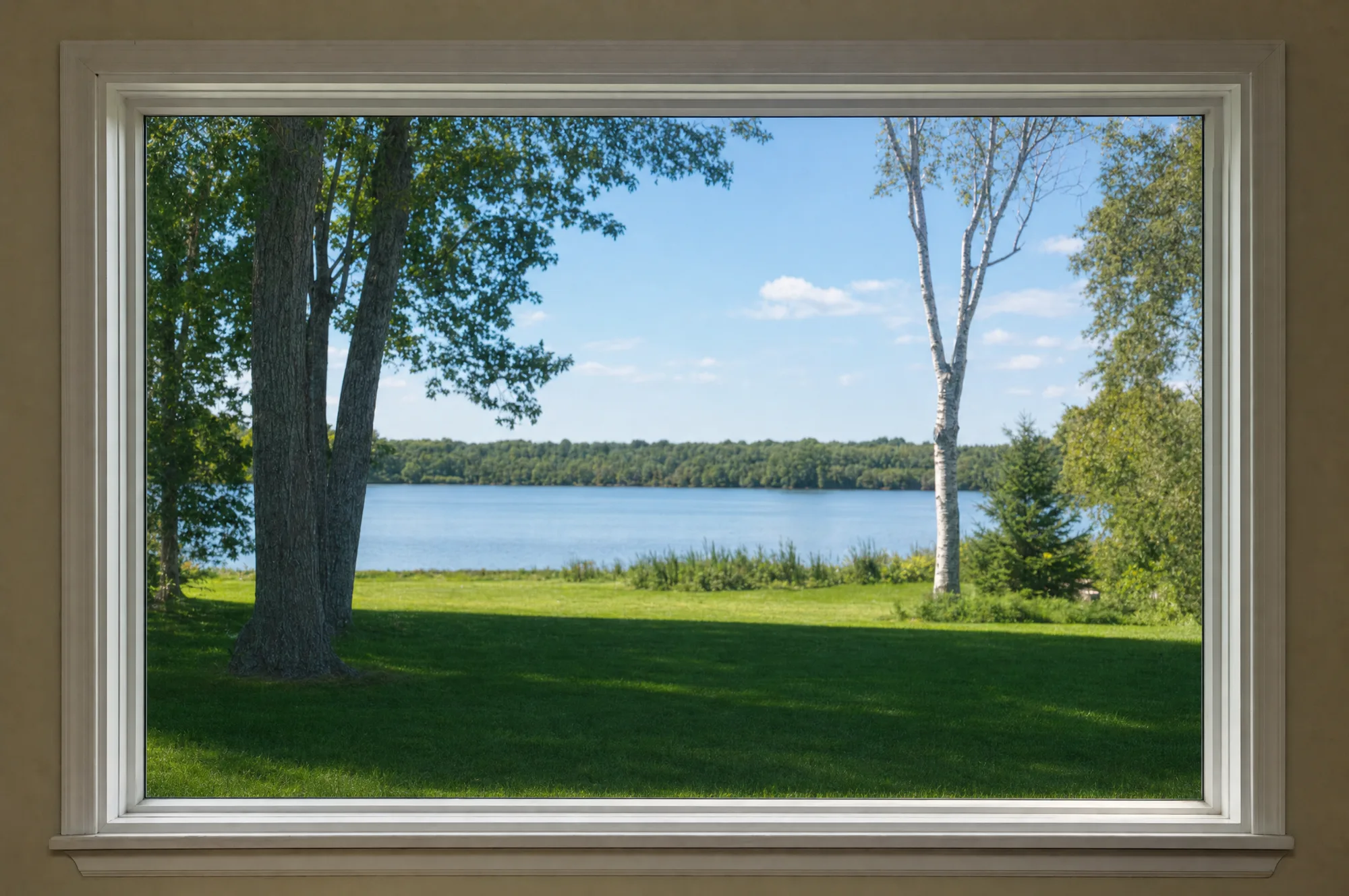 The same window after cleaning, the glass spotless and the lake and lawn beyond it sharp